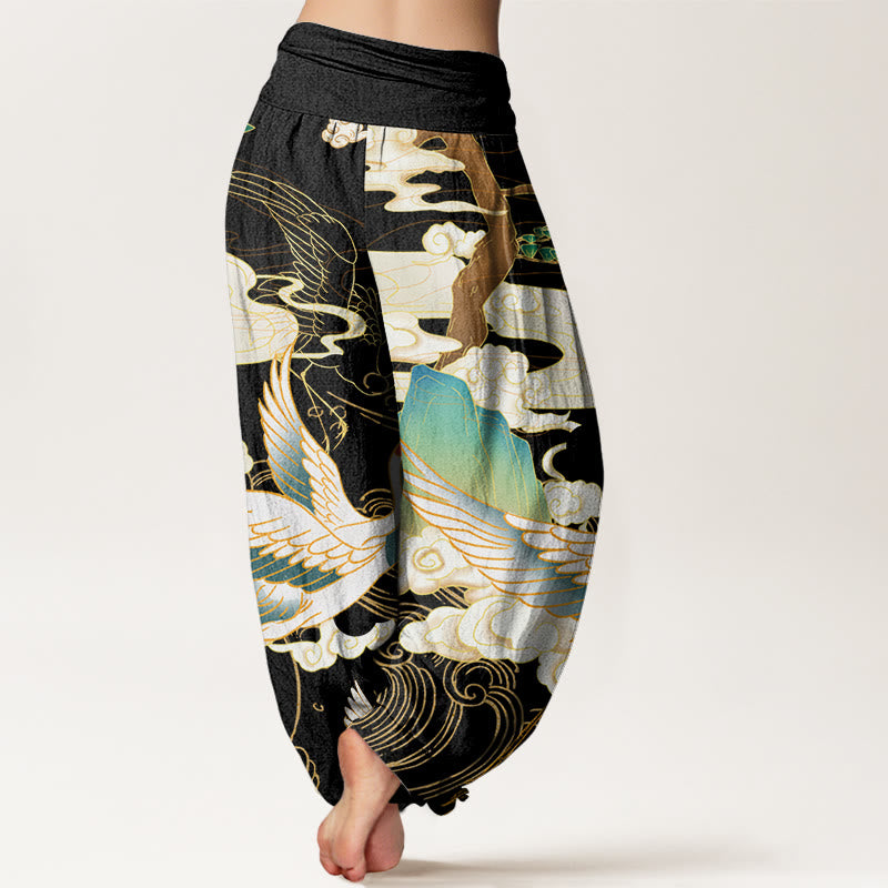 Breathable Cotton Crane Print Grounding Harem Pants