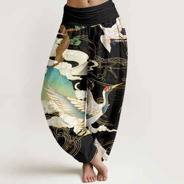 Breathable Cotton Crane Print Grounding Harem Pants