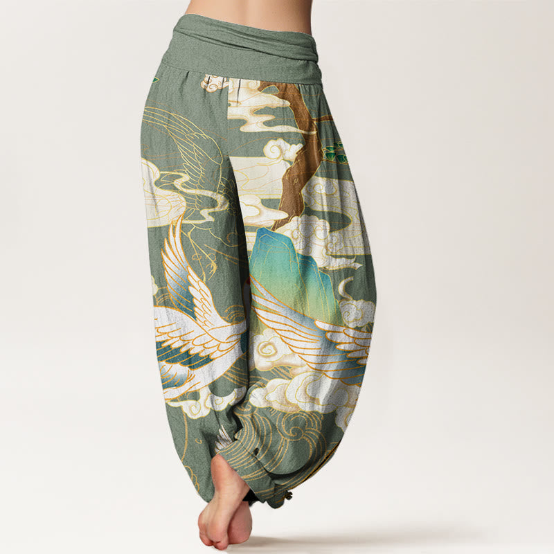 Breathable Cotton Crane Print Grounding Harem Pants