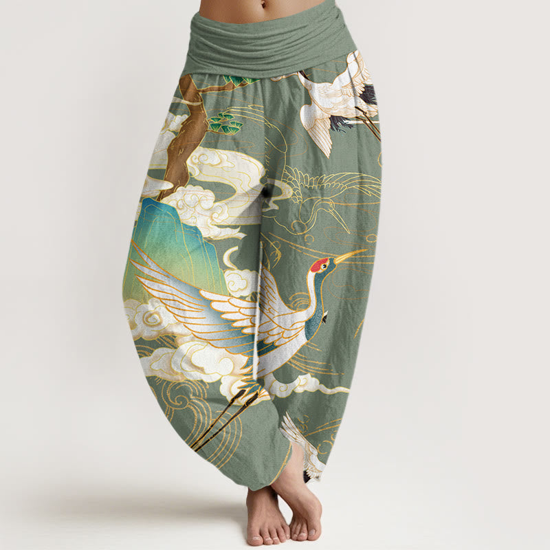 Breathable Cotton Crane Print Grounding Harem Pants