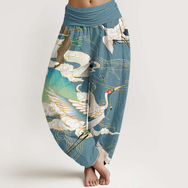 Breathable Cotton Crane Print Grounding Harem Pants