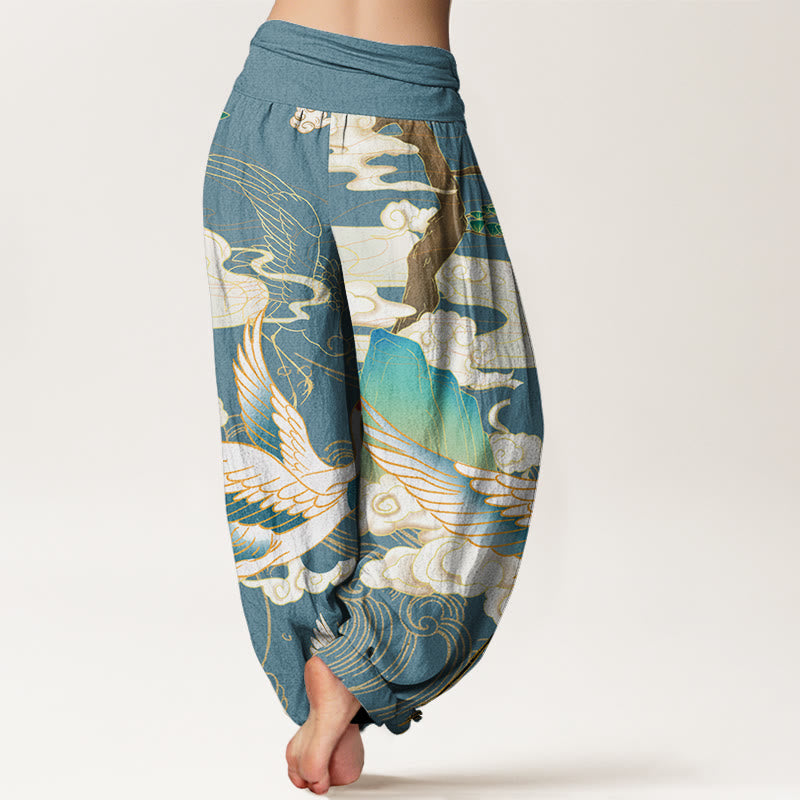 Breathable Cotton Crane Print Grounding Harem Pants