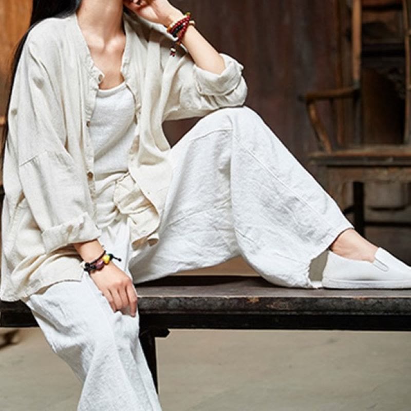 Casual Plain Color Elastic Waistband Fleece Lined Cotton Ramie Women's Pants With Pockets