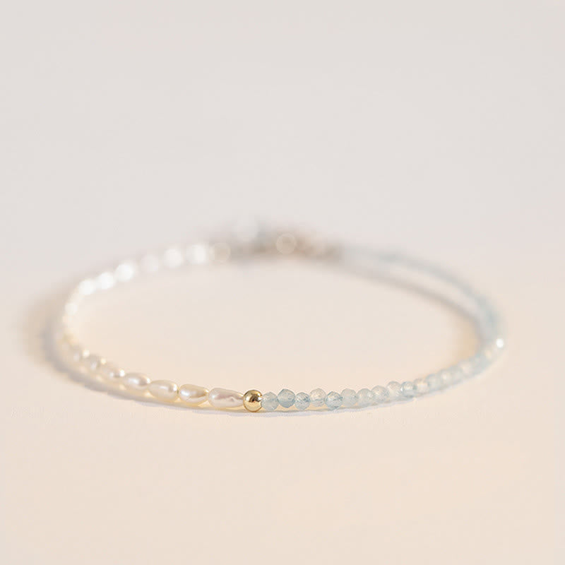 2mm Ultra-Thin Turquoise Pearl & Aquamarine 14k Gold Plated Copper Beaded Bracelet