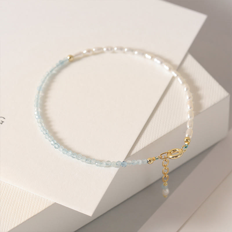 2mm Ultra-Thin Turquoise Pearl & Aquamarine 14k Gold Plated Copper Beaded Bracelet