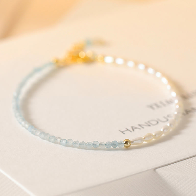 2mm Ultra-Thin Turquoise Pearl & Aquamarine 14k Gold Plated Copper Beaded Bracelet
