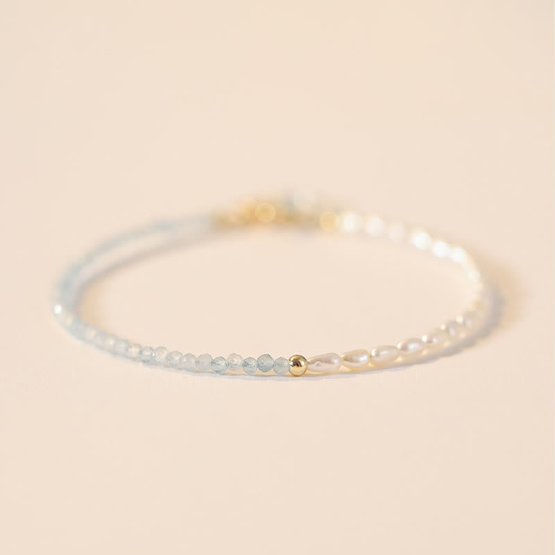 2mm Ultra-Thin Turquoise Pearl & Aquamarine 14k Gold Plated Copper Beaded Bracelet