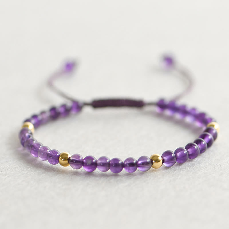 4mm Handmade Natural Amethyst 14k Gold Plated Copper Beads Braided String Relieves Stress Bracelet