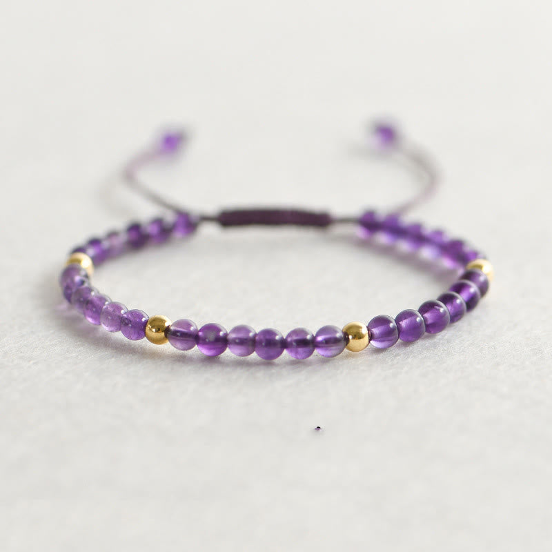 4mm Handmade Natural Amethyst 14k Gold Plated Copper Beads Braided String Relieves Stress Bracelet