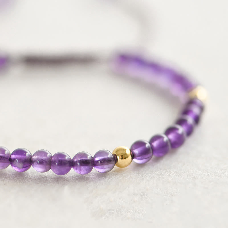 4mm Handmade Natural Amethyst 14k Gold Plated Copper Beads Braided String Relieves Stress Bracelet