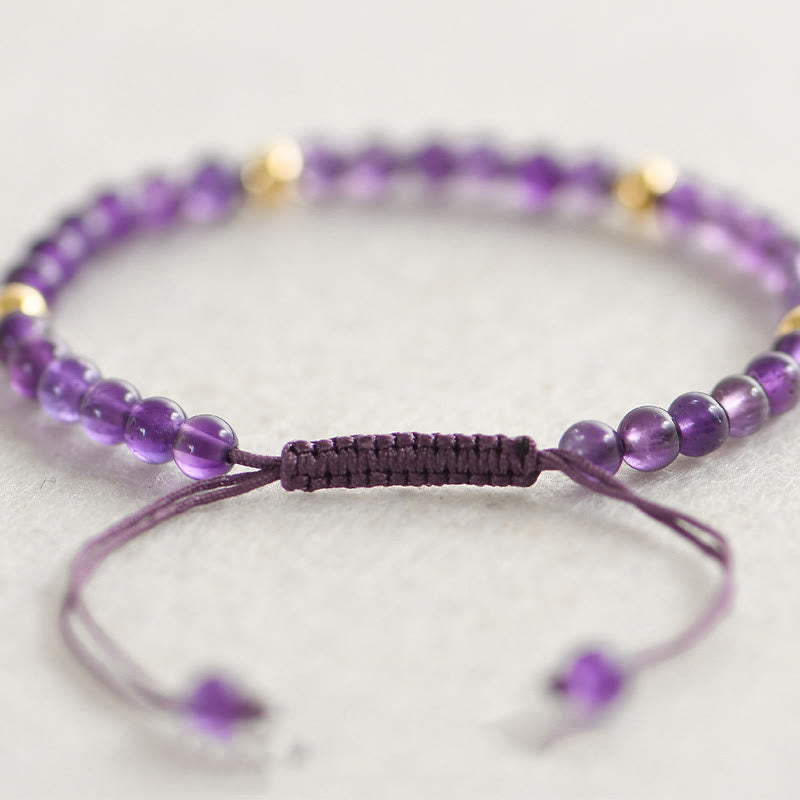 4mm Handmade Natural Amethyst 14k Gold Plated Copper Beads Braided String Relieves Stress Bracelet