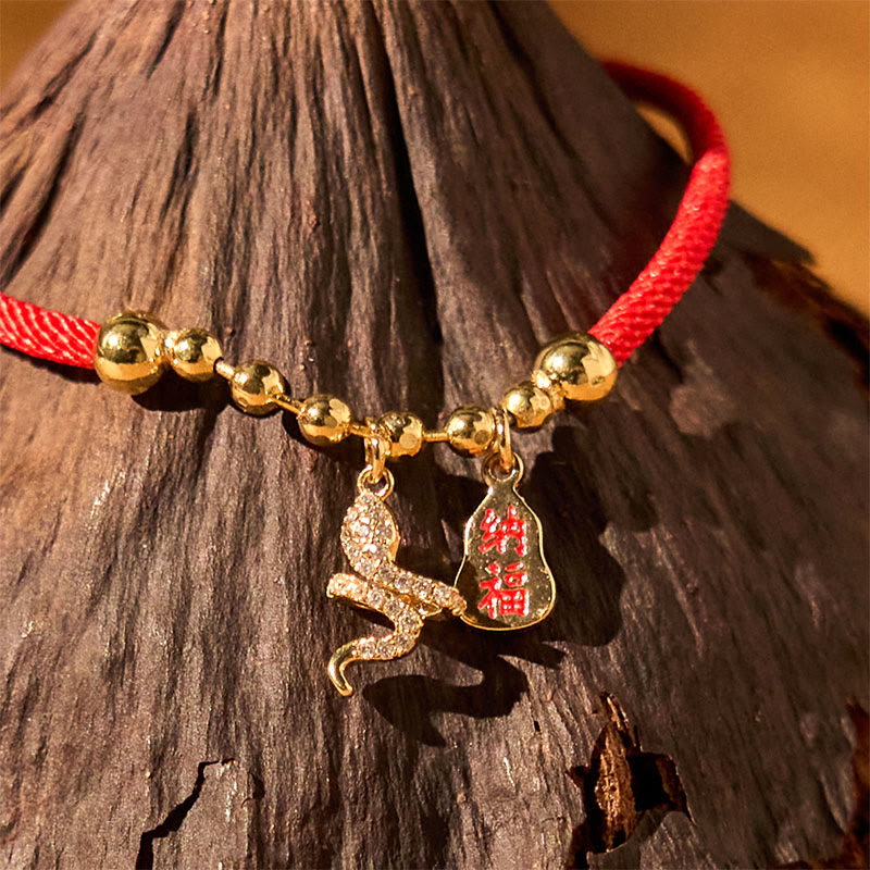 Handmade Braided Red String Year of the Snake Fu Character Pendant Bracelet