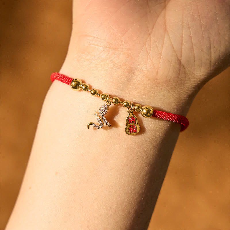 Handmade Braided Red String Year of the Snake Fu Character Pendant Bracelet