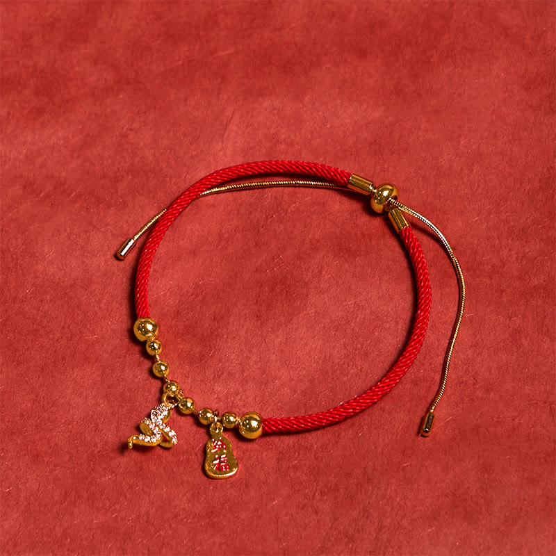 Handmade Braided Red String Year of the Snake Fu Character Pendant Bracelet