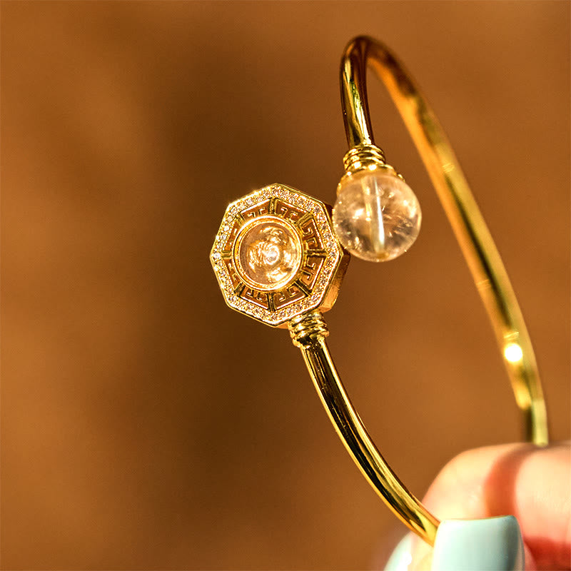 Rutilated Quartz Copper Brass Rotatable Windmill Feng Sheng Shui Qi Courage Bracelet Bangle