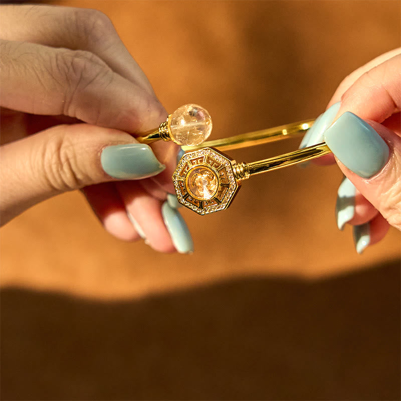 Rutilated Quartz Copper Brass Rotatable Windmill Feng Sheng Shui Qi Courage Bracelet Bangle