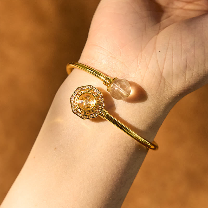 Rutilated Quartz Copper Brass Rotatable Windmill Feng Sheng Shui Qi Courage Bracelet Bangle
