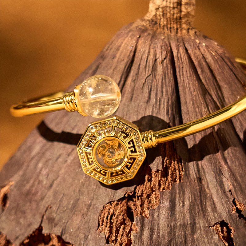 Rutilated Quartz Copper Brass Rotatable Windmill Feng Sheng Shui Qi Courage Bracelet Bangle
