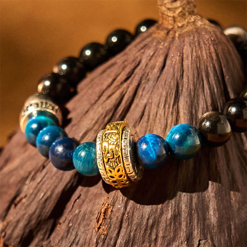 Silver Sheen Obsidian & Blue Tiger Eye Om Mani Padme Hum Copper Spinner Bracelet