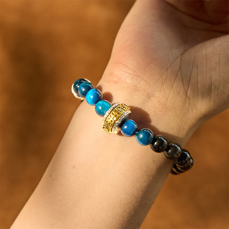 Silver Sheen Obsidian & Blue Tiger Eye Gold Plated Copper Om Mani Padme Hum Beaded Bracelet