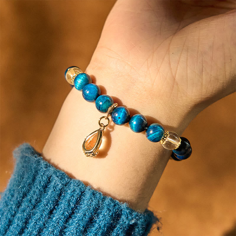 Blue Tiger Eye White Crystal Water Drop Strength Bracelet