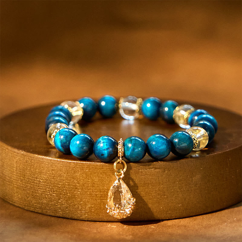 Blue Tiger Eye and Clear Quartz Water Drop Beaded Copper Bracelet