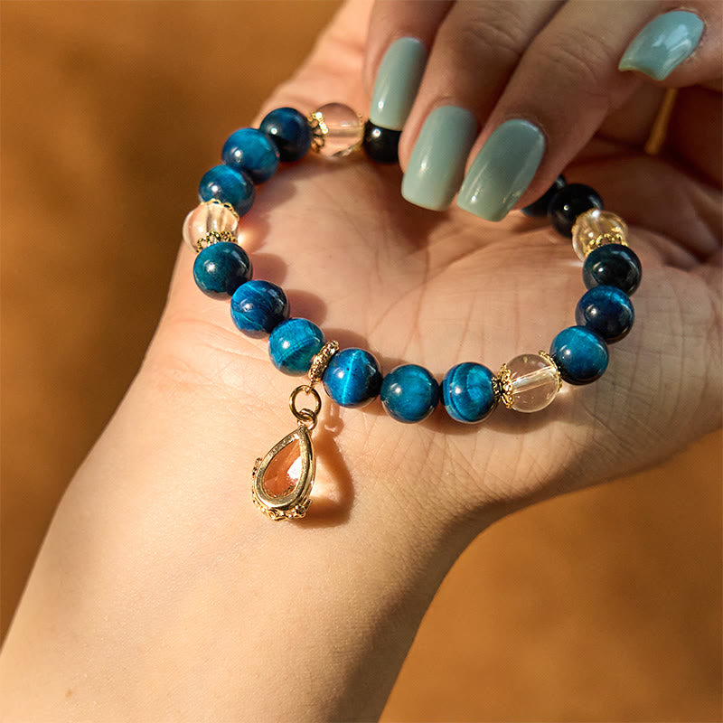 Blue Tiger Eye and Clear Quartz Water Drop Beaded Copper Bracelet