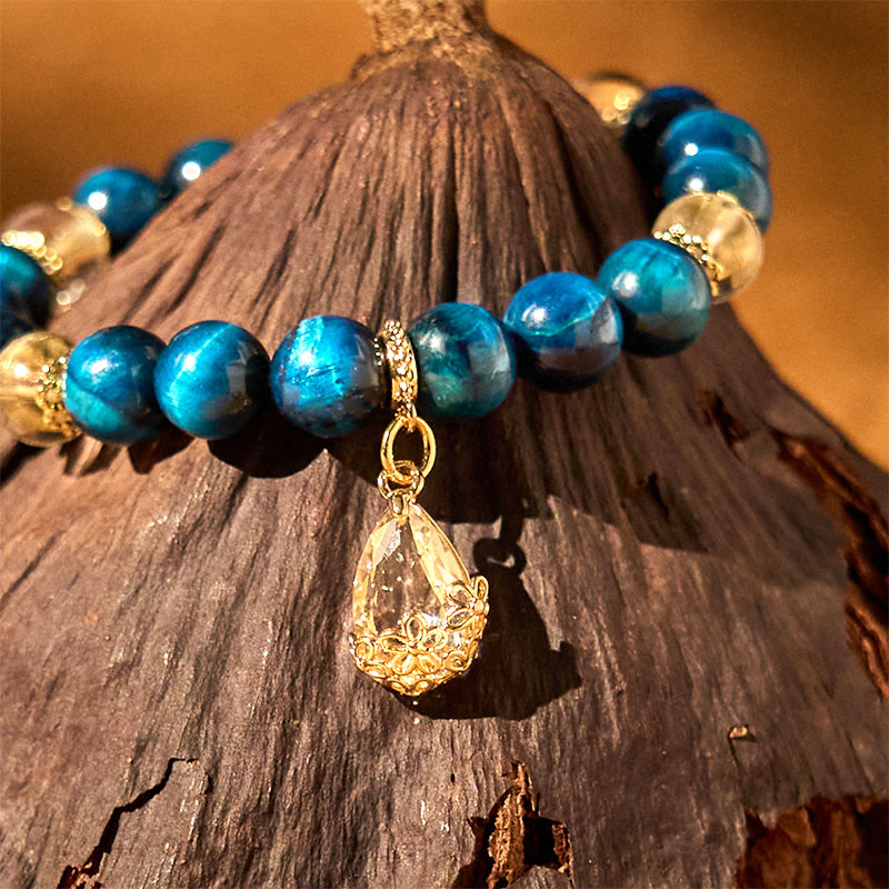 Blue Tiger Eye and Clear Quartz Water Drop Beaded Copper Bracelet