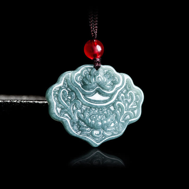 Lotus Pattern Carved Jade Abundance Prosperity Necklace Rope Pendant