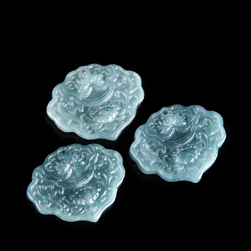 Lotus Pattern Carved Jade Abundance Prosperity Necklace Rope Pendant