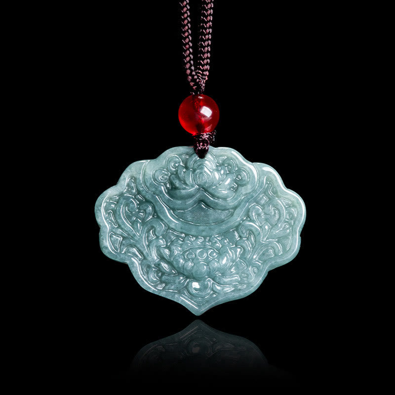 Lotus Pattern Carved Jade Abundance Prosperity Necklace Rope Pendant