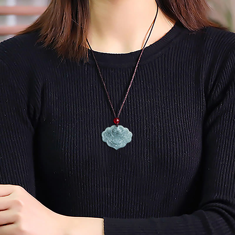 Lotus Pattern Carved Jade Abundance Prosperity Necklace Rope Pendant