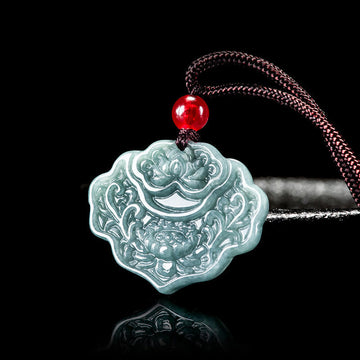 Lotus Pattern Carved Jade Abundance Prosperity Necklace Rope Pendant