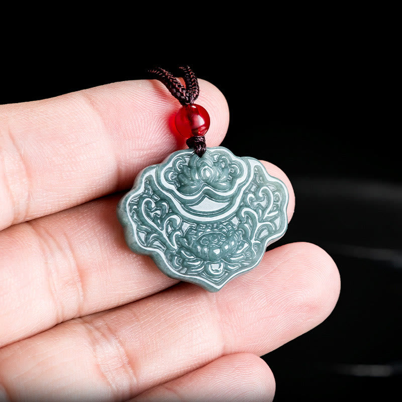 Lotus Pattern Carved Jade Abundance Prosperity Necklace Rope Pendant