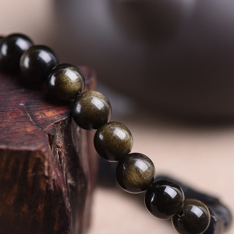 Handmade Gold Sheen Obsidian and Black Tourmaline Beaded Elastic Bracelet