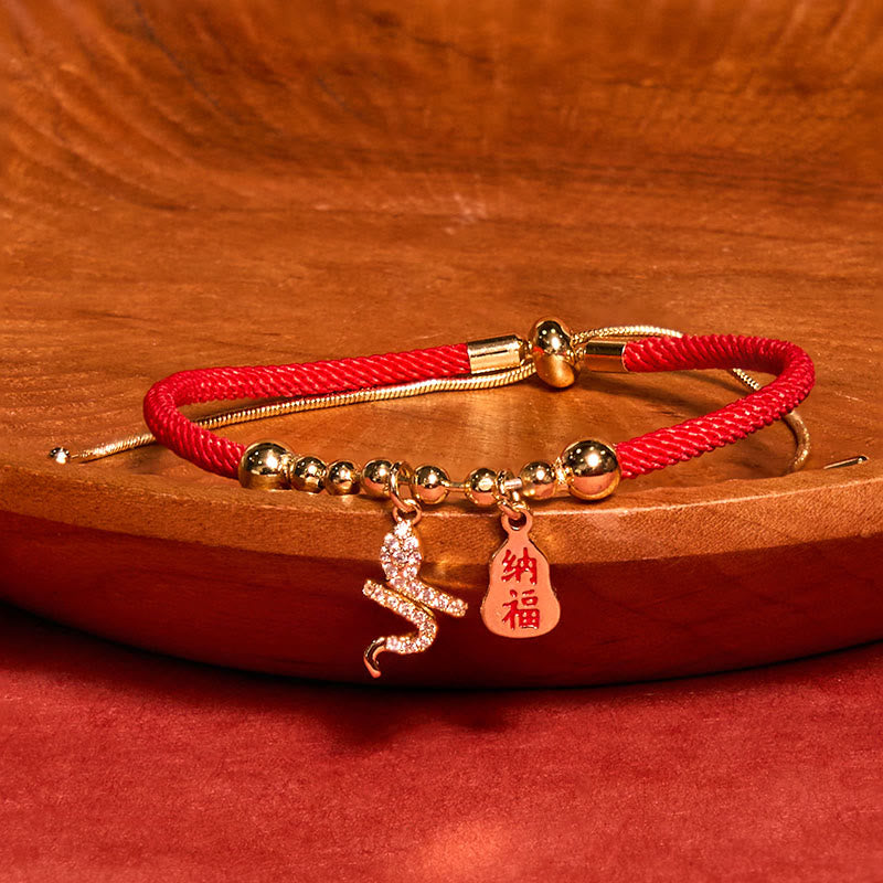 Handmade Braided Red String Year of the Snake Fu Character Pendant Bracelet
