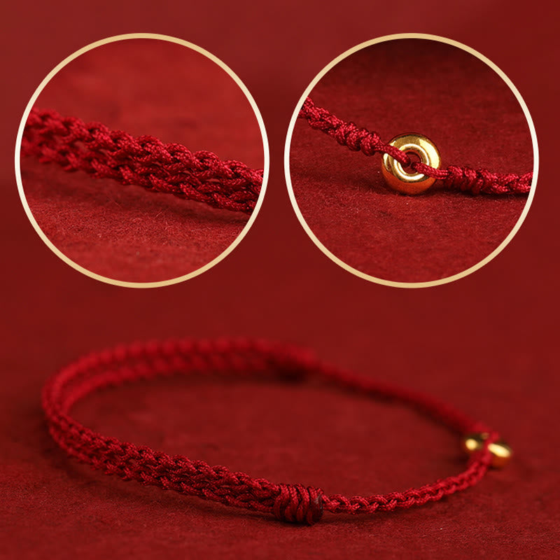 Braided Red String Ping An Kou 24K Gold Charm Bracelet Anklet for Balanced Energy