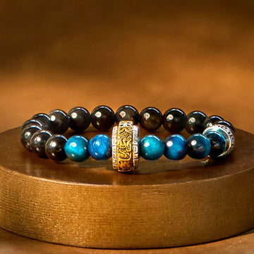 Silver Sheen Obsidian & Blue Tiger Eye Gold Plated Copper Om Mani Padme Hum Beaded Bracelet
