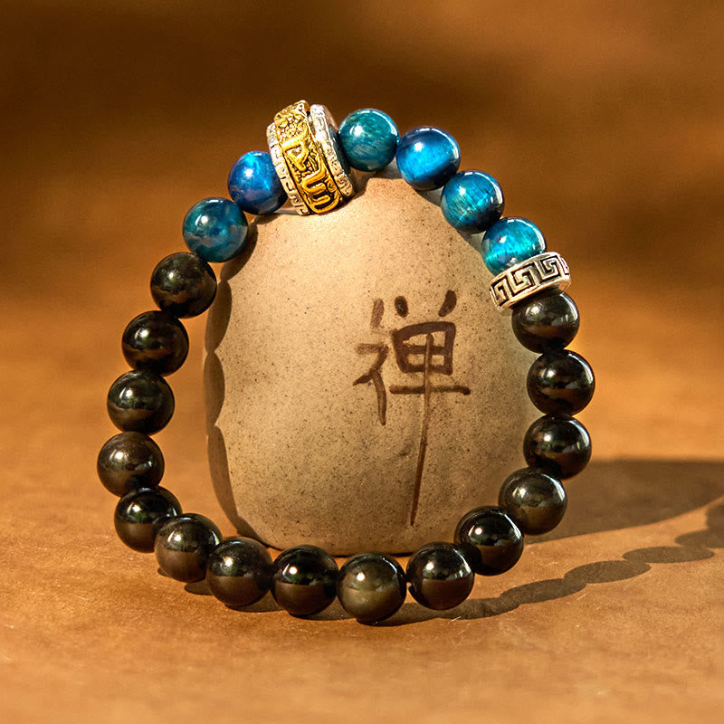 Silver Sheen Obsidian & Blue Tiger Eye Gold Plated Copper Om Mani Padme Hum Beaded Bracelet