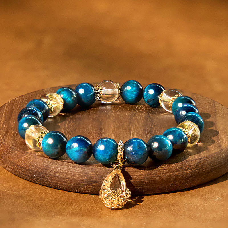 Blue Tiger Eye and Clear Quartz Water Drop Beaded Copper Bracelet