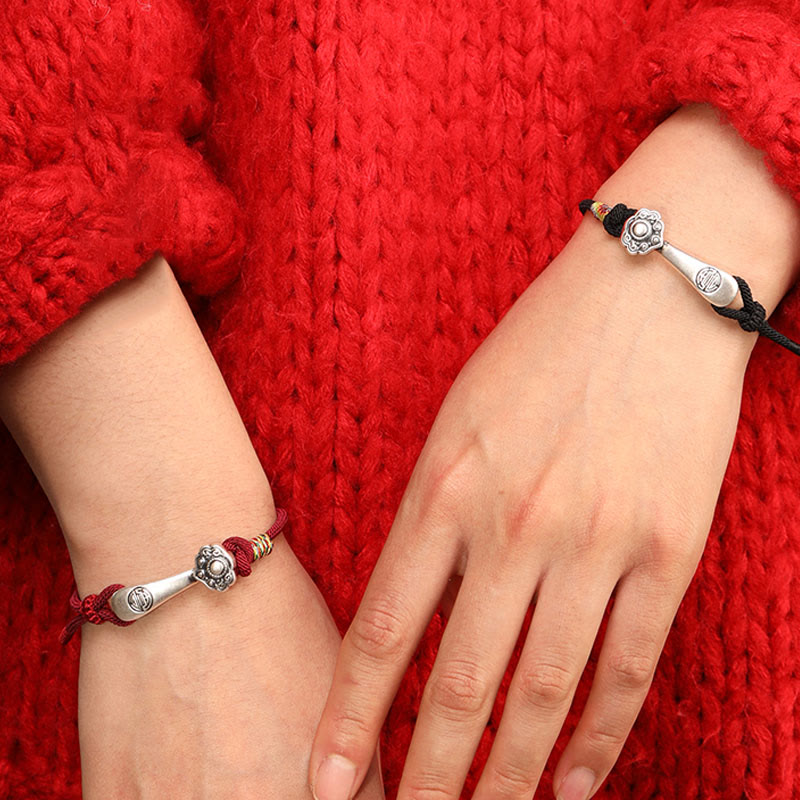 999 Sterling Silver Ruyi Stick Braided Red String Bracelet