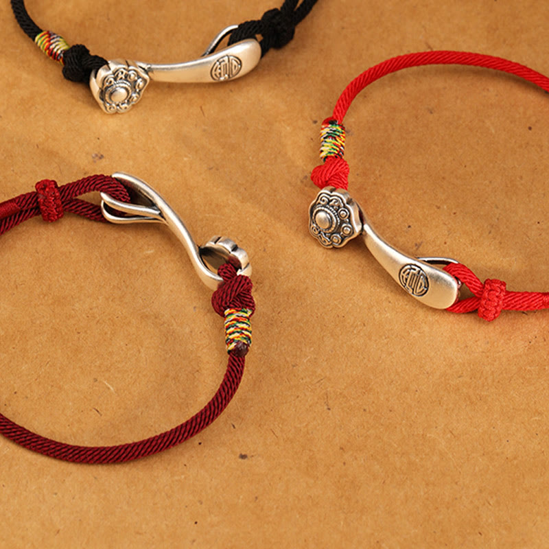 999 Sterling Silver Ruyi Stick Braided Red String Bracelet