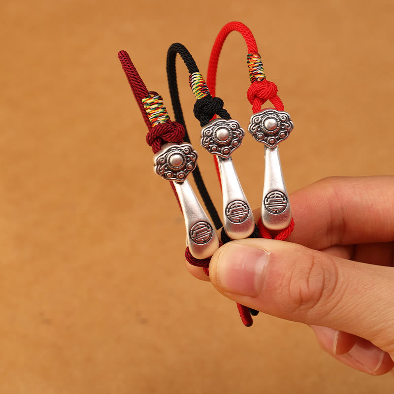 999 Sterling Silver Ruyi Stick Braided Red String Bracelet