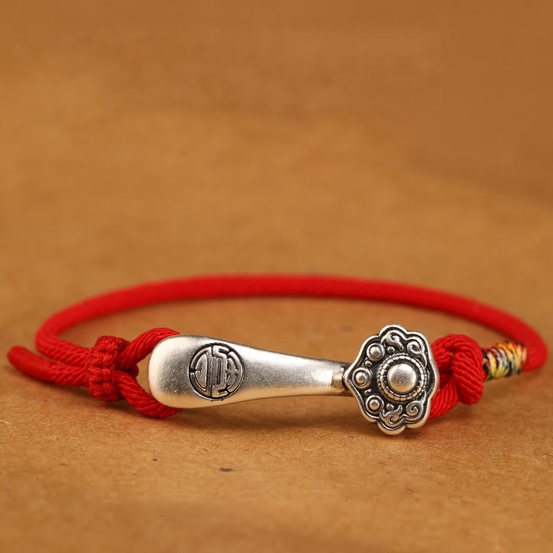 999 Sterling Silver Ruyi Stick Braided Red String Bracelet
