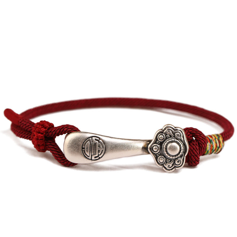 999 Sterling Silver Ruyi Stick Braided Red String Bracelet