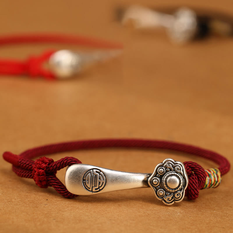 999 Sterling Silver Ruyi Stick Braided Red String Bracelet