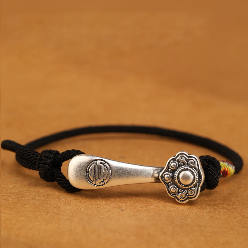 999 Sterling Silver Ruyi Stick Braided Red String Bracelet