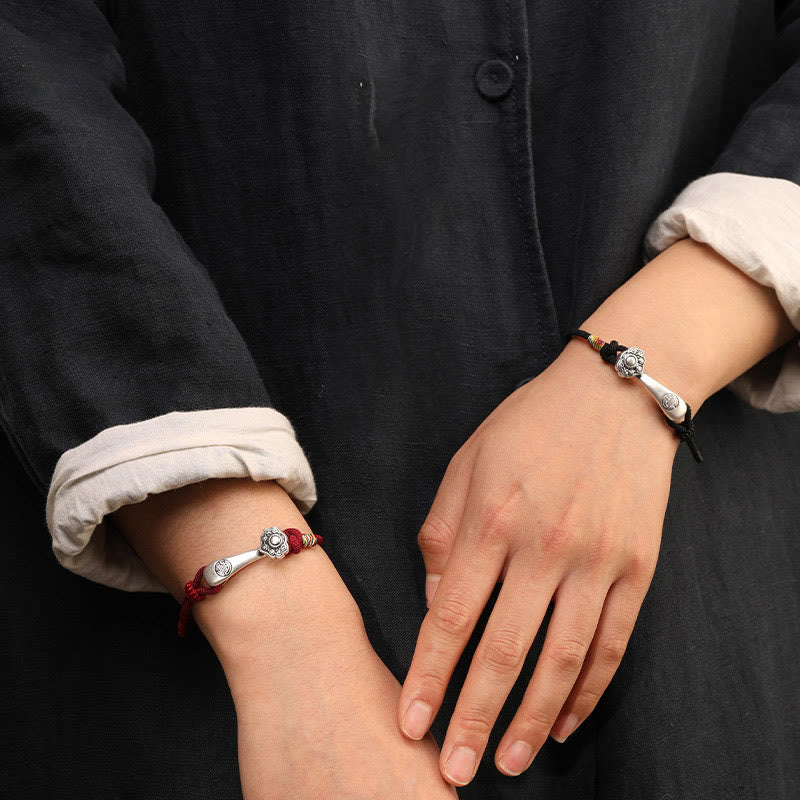 999 Sterling Silver Ruyi Stick Braided Red String Bracelet