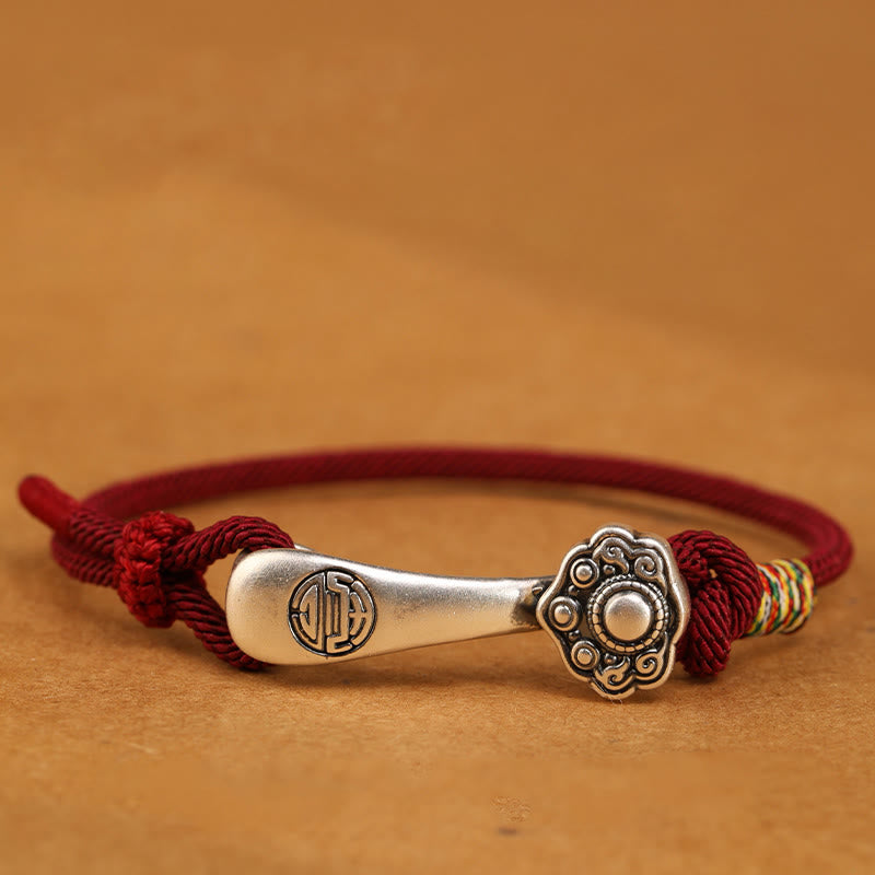 999 Sterling Silver Ruyi Stick Braided Red String Bracelet