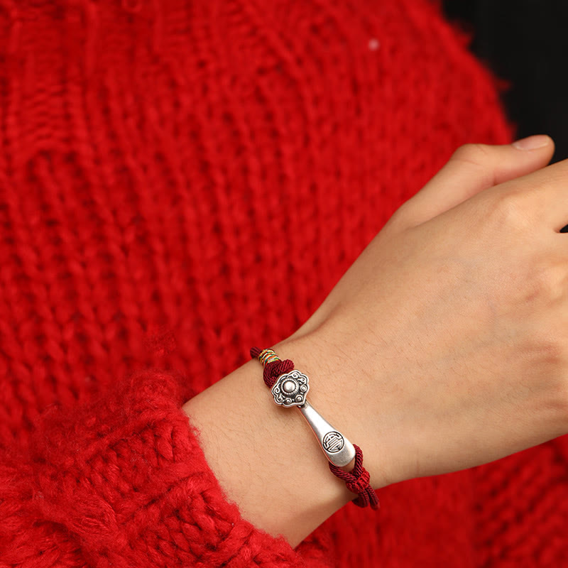 999 Sterling Silver Ruyi Stick Braided Red String Bracelet